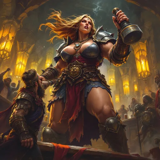 Prompt: a towering great giant of a woman, easily eight feet tall and muscled bulks of flesh beneath her armored dress hefts a fantasy hammer as her weapon and offers to arm wrestle the barkeep for a flagon of ale.