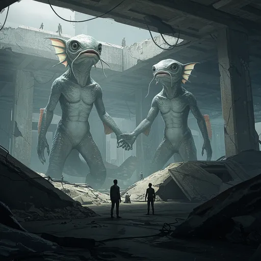 Prompt: anthropomorphic catfish inspired / reptile/fish aliens in neo modern ruin art greetings the remnants of the humans for the first time... aliens twice the size as the adult humans