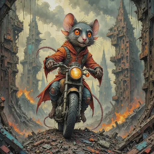 Prompt: Novel cover - with title words  "Brambledread Apocalyptic" spelled out in thorn and bramble lettering.  the cover shows an anthroporphic cat bike rider on futuristic motorcycle riding through the bramble ruins of a rat built city - she is chased by techno-organic flying robots with dragonfly techno wings.  