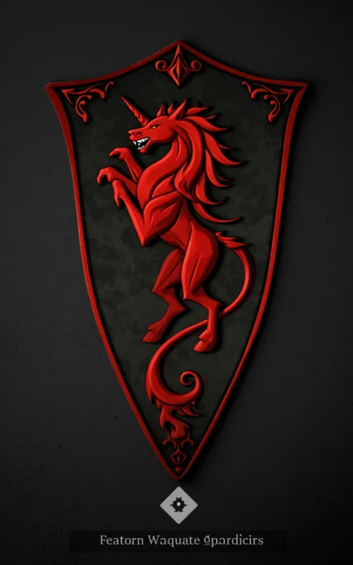 A striking heraldry shield dominates the dark backgr...