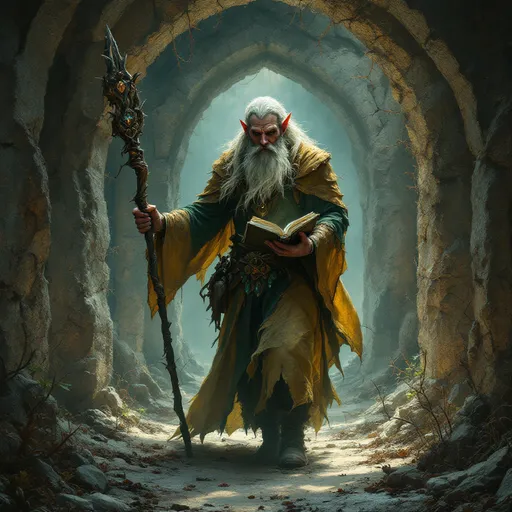 Prompt: Emerging from the shadows of an ancient, mystical arched ruin buried in dust and thorns, a striking figure of a wilder fae inspired bearded elf of near wild proportions and mythic wisdom - clutching a wizards spell book and staff looks about to make sure the perimeter is safe - he is a wizard of thorn and briar, a fey lost child touched by the insanity of the faeirie realm itself.  his robes are craft of green and yellowed leather, with copper circlet on his brow and over his ears painted a spiderweb white.  his staff is hand carved of elder wood, and shines with imbedded crystals up and down its shaft.  