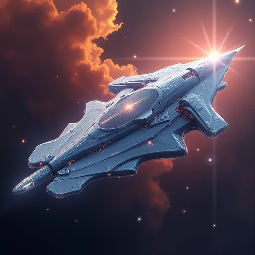 Prompt: Featuring a sleek, organicl wet growing object with intricate detailing, this illustration depicts a futuristic ship designed for interstellar travel, showcasing a power core at its heart visualized as a physical starburst motif at its center. The design incorporates various geometric shapes and patterns, giving it a blend of elegance and functionality and appearing as solid crystal- The shading creates a three-dimensional effect, accentuating the curves and edges, while the light source suggests a soft illumination across the surface, enhancing the intricate details.  The ship floats in space, near an orange and purple nebula of gasses that allow the ship to stand out against its backdrop.  