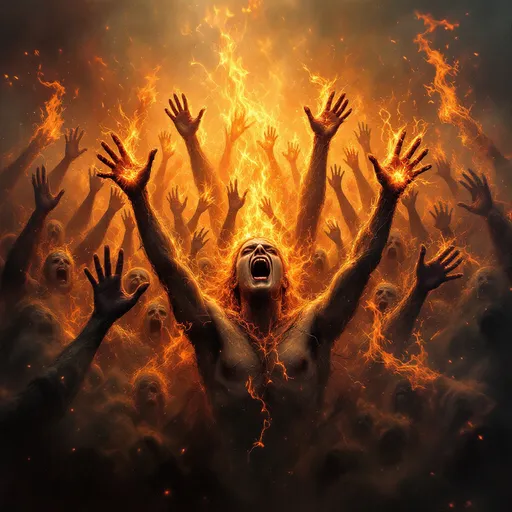 Prompt: Emerging from a swath of treacherous devouring flames arms, screaming faces, bodies reach for freedom from the burning torment - many souls trapped in the never ending fire seeking to get out