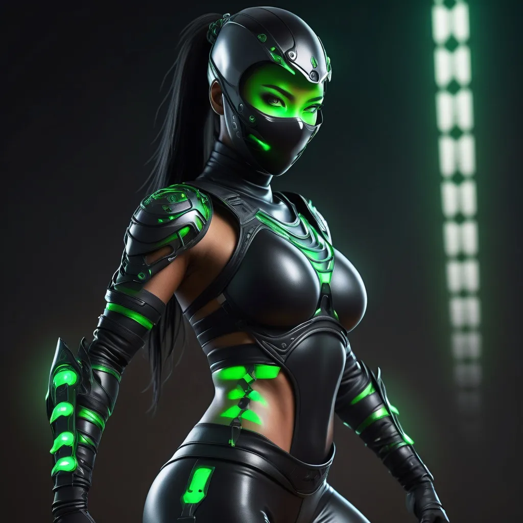 Prompt: cybernetic biomimetic female ninja warrior with sleek organic onyx black skin tight armor and a glowing green nagamaki