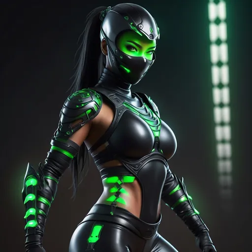 Prompt: cybernetic biomimetic female ninja warrior with sleek organic onyx black skin tight armor and a glowing green nagamaki