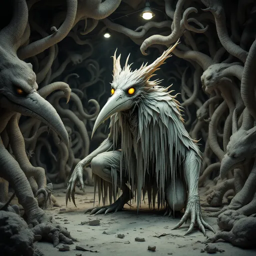 Prompt: Emerging from a surreal and stylized setting, a foreboding, avian humanoid figure with sharp long nightmarish beak, crouches menacingly amidst intricate, twisted forms that suggest a world teeming with dark fantasy. The creature, crafted in shades of gray, boasts elongated limbs and a grotesque, avian-like head with sharp long stabbing beak, with piercing yellow eyes that enhance its eerie presence. Draped in tattered layers of fabric that seem to blend seamlessly with its form, it exudes an ominous energy, poised as if ready to spring into action. The environment, subtly lit by overhead fixtures, features additional abstract creatures that echo the ominous style of the central figure, creating a sense of depth and otherworldliness. This sculptural piece captures a narrative steeped in mystery and foreboding, engaging the viewer with its striking design and the palpable tension of an impending encounter.