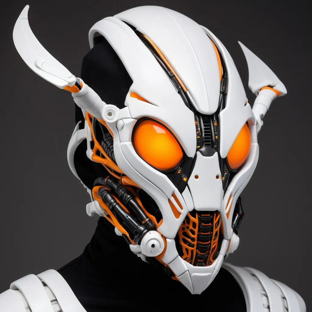 Prompt: cybernetic wired insectoid mask complete with mandibles and full body armor in whites, blacks, and glowing oranges.  reminiscent design of the mantis or wasp