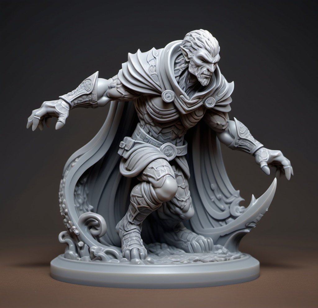 Prompt: 3D Printable Resin Miniature, detailed gaming piece, dynamic pose, intricate features, solid gray resin, fantasy theme, ultra-detailed design, perfect for tabletop games, emphasizing textures and detailing, stylish contours, high-quality rendering, immersive atmosphere, captivating representation of gaming lore, suitable for advanced printing techniques.