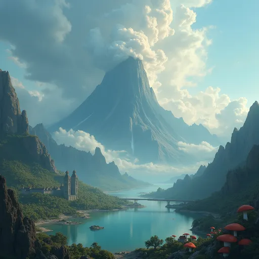 Prompt: Bathed in an ethereal light, a breathtaking landscape unfolds, dominated by a towering volcano that looms ominously in the center, its peak wreathed in swirling clouds. The foreground reveals a serene lake, reflecting the drama of the sky, while gently curved trees and whimsical mushrooms dot the banks, hinting at a fantastical ecosystem. To the left, jagged mountains cradle a small village, with towers and structures suggesting a blend of fantasy and medieval architecture, while a bridge arches gracefully over a stream, enhancing the sense of adventure. The clouds above swirl in intricate patterns, implying forthcoming tumult, contrasting with the tranquil waters below, and enveloping the scene in a captivating narrative of beauty and looming tension.