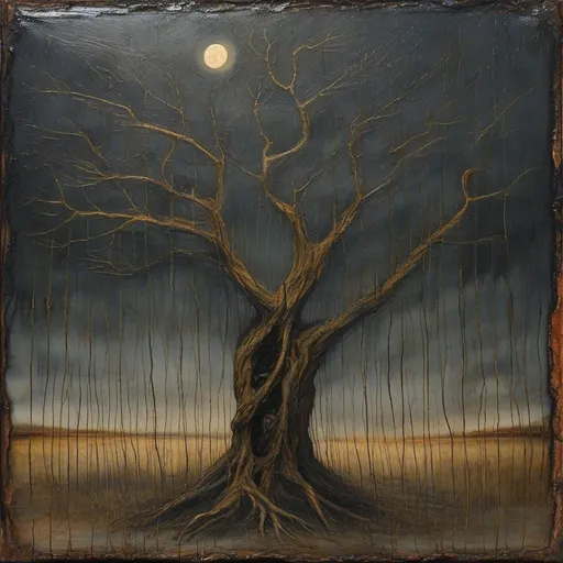 Prompt: hand painted thick oils on cracked old broken canvas, a tree... not any tree... but an old massive broken and bent tree... black against a smokey background... and from the depths of this tree are faces... a thousand faces... screaming to be let out... as this tree sits in the dark moonlit night. 