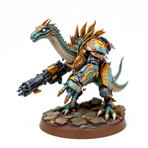 Prompt: Perched dynamically on a textured brown base, a formidable, Scaled and iridescent-hued dinosaur-like creature stands out, showcasing a blend of organic and mechanical elements. It features a slender neck topped with an expressive head, where wide, white eyes peer with an intriguing mix of intelligence and curiosity. Encasing its shoulders is a futuristic armor adorned with intricate designs, while it grips a bulky weapon that augments its fierce appearance. The contrasting colors of matte and glossy paint bring depth to the figure, capturing attention with its vibrant accents, like hints of orange and green on the weapon. This impressive miniature evokes a sense of action and storytelling, suggesting a narrative steeped in a sci-fi universe where technology meets primal instincts.