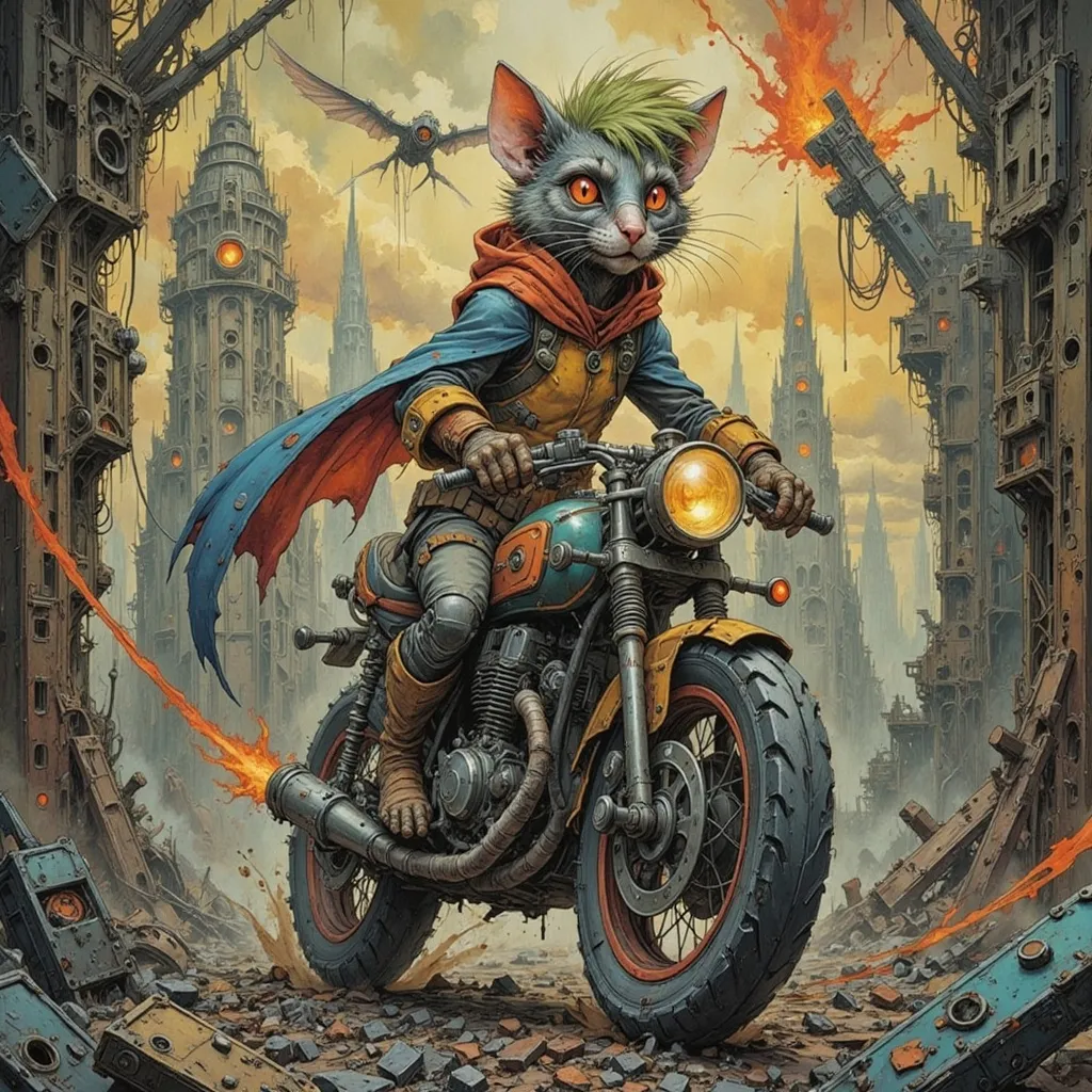 Prompt: Anthropomorphic Cat biker rogue with wild green hair races her futuristic motorcycle through the rat wild wastes and ruins to escape flying bio-mechanical attack drones that are chasing her in the briar down ruin.  