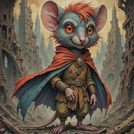 Prompt: red haired mouse hero explores the ruins of the mouse apocalypse