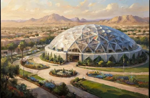 Prompt: Design a mile wide geodesic dome larger than the Jeddah Superdome, designed to house an interior atmosphere and gardens/town to house 300 people.  