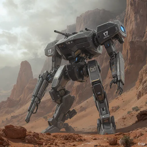 Prompt: Towering against a rugged alien landscape, a heavily armored mech stands poised on uneven ground, its metallic surface gleaming under an unseen light source. With a design that blends industrial mechanics and futuristic aesthetics, the mech is detailed with angular panels, blue accents, and the number "17" emblazoned prominently, suggesting military significance. Its broad shoulders house various weaponry, while the sturdy legs brace it against the barren terrain dotted with jagged rock formations and sparse greenery. The overall atmosphere evokes a sense of rugged resilience, hinting at a story of exploration or conflict in a distant world.