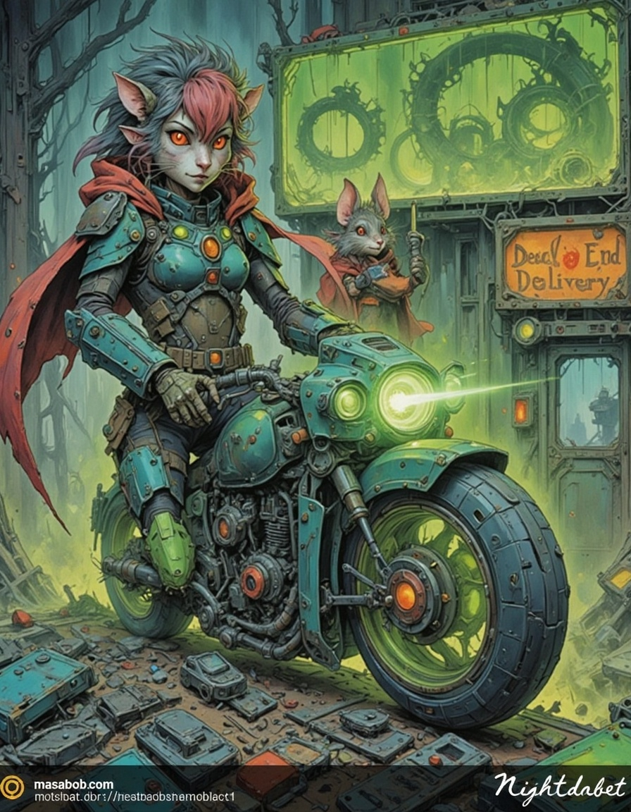 Prompt: Japanese superhero on futuristic motorcycle - she has green hair lit by inner woven LED lights, and a cybernetic arm.  Her bike glows green.  Behind her is a cybernetic store front, labeled "Dead End Delivery"