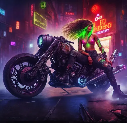 Prompt: Columbian Latina beauty with cyberpunk Green in her hair lit by woven in LED lights, sits mounted on her cyberpunk motorcycle in a cyberpunk alleyway.  She has one cyborg arm and wears a Pink lace see through top and torn jeans.  The sign on the shop behind her reads "Dead End Delivery"