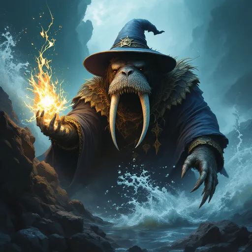 Prompt: dungeons and dragons style Anthropomorphic Walrus warlock, summoning up the bones of dead fish and whales from the very sea