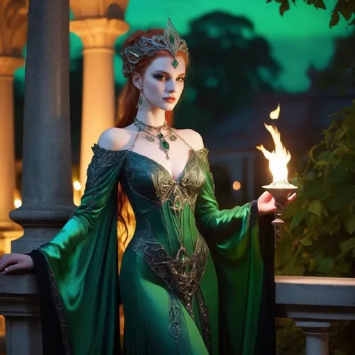 Prompt: elven courtesan of the night court, jeweled in greens and elegant silks, lit only by moonlight and flame torches in the palace gardens.  