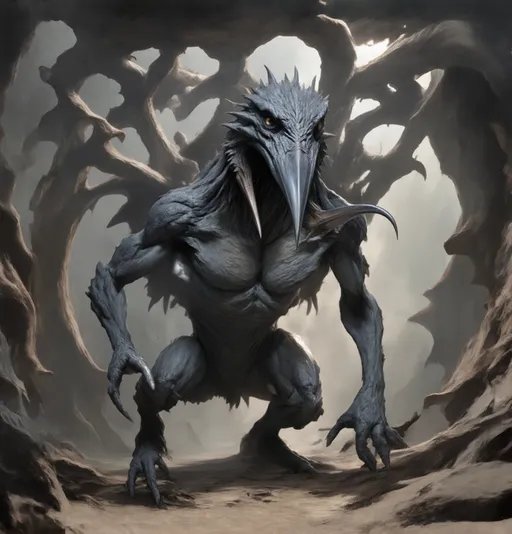 Prompt: Emerging from a surreal and stylized setting, a foreboding, avian humanoid figure with sharp long nightmarish beak, crouches menacingly amidst intricate, twisted forms that suggest a world teeming with dark fantasy. The creature, crafted in shades of gray, boasts elongated limbs and a grotesque, avian-like head with sharp long stabbing beak, with piercing yellow eyes that enhance its eerie presence. Draped in tattered layers of fabric that seem to blend seamlessly with its form, it exudes an ominous energy, poised as if ready to spring into action. The environment, subtly lit by overhead fixtures, features additional abstract creatures that echo the ominous style of the central figure, creating a sense of depth and otherworldliness. This sculptural piece captures a narrative steeped in mystery and foreboding, engaging the viewer with its striking design and the palpable tension of an impending encounter.