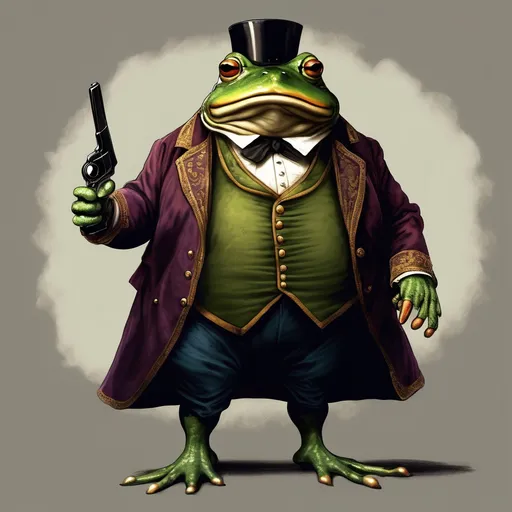 Prompt: very fat anthropomorphic king bullfrog in victorian nobles coat and carrying a hand pistol for a duel