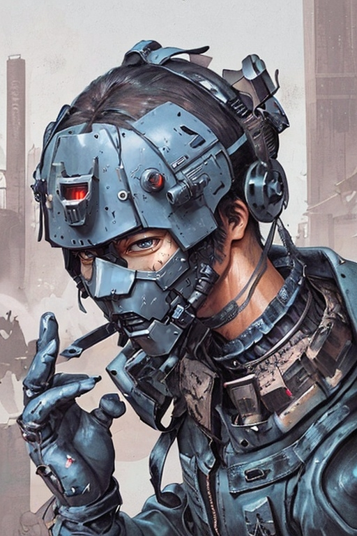 Prompt: post apocalyptic cyberpunk male japanese cyborg soldier in pristine  body armor and futuristic battle helmet.