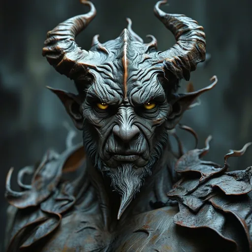 Prompt: Emerging from the darkness, a strikingly detailed figure embodies a mythical demon, characterized by its imposing horns that curve sharply upwards, surrounded by textured, rugged skin reminiscent of tree bark. The fierce countenance, with deep-set eyes and a furrowed brow, expresses an intense, almost primal energy, accented by the vivid red tones that contrast sharply against the dark background. This creature's chest is intricately designed with layers of hardened, steel-like material, adding to its menacing presence. The lighting emphasizes the rough textures and contours of its face and body, creating a dramatic interplay of shadow and light that enhances its terrifying yet fascinating nature. The overall composition evokes a sense of awe and unease, inviting viewers to ponder the stories and myths surrounding such a formidable being.  Overall what stands out the most is the glow of its yellow poison eyes... and how they glare at the viewer.  