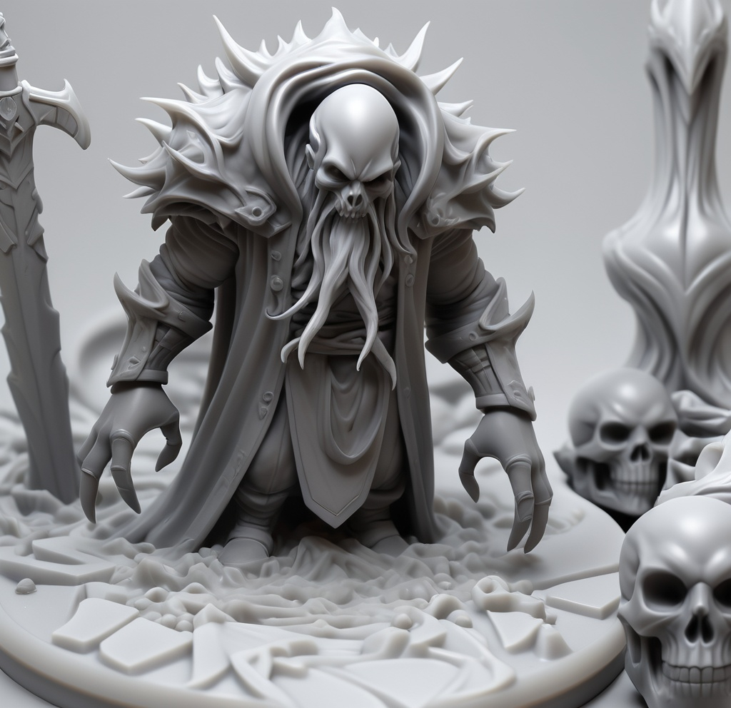 Prompt: 3D Printable Resin Miniature, detailed gaming character, dynamic pose, intricate features, solid gray resin, fantasy theme, ultra-detailed design, perfect for tabletop games, emphasizing textures and detailing, stylish contours, high-quality rendering, immersive atmosphere, captivating representation of gaming lore, suitable for advanced printing techniques.