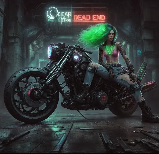 Prompt: Columbian Latina beauty with cyberpunk Green in her hair lit by woven in LED lights, sits mounted on her cyberpunk motorcycle in a cyberpunk alleyway.  She has one cyborg arm and wears a Pink lace see through top and torn jeans.  The sign on the shop behind her reads "Dead End Delivery"