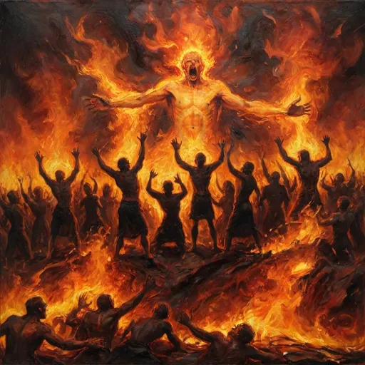 Prompt: Emerging from a swath of treacherous devouring flames arms, screaming faces, bodies reach for freedom from the burning torment - many souls trapped in the never ending fire seeking to get out