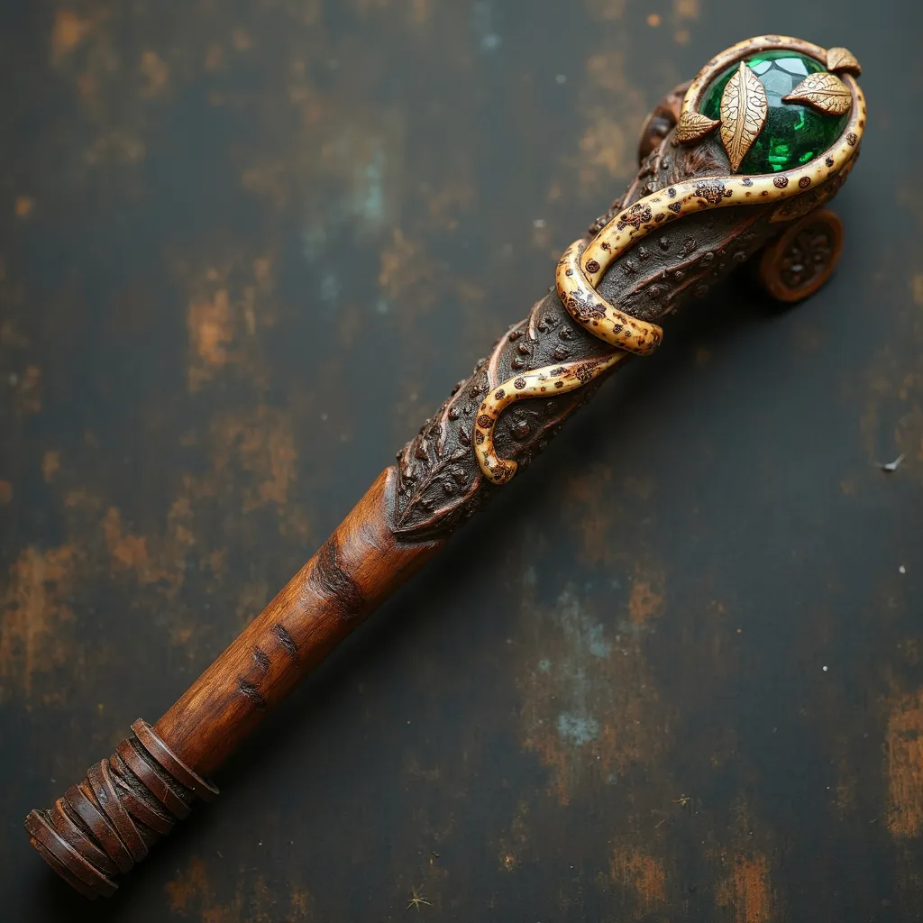 Prompt: hand carved wooden wand in the motif of coiled vine and thorn - alder wood stained with dark stain and highlighted with inlaid green leaf carved gems - 14 inches long with a handle of wrapped leather and ivory