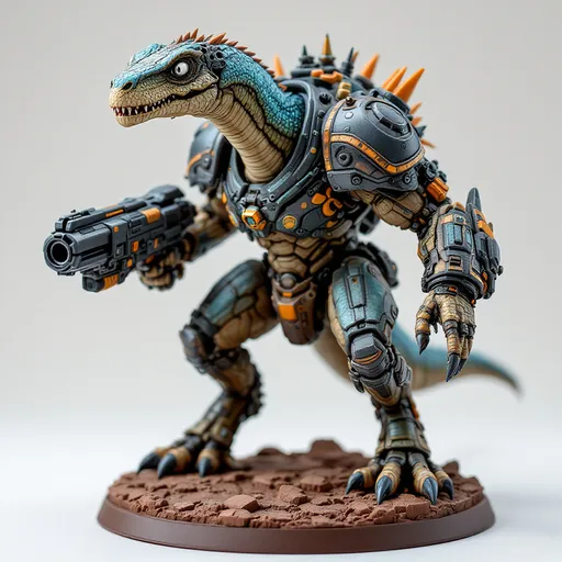 Prompt: Perched dynamically on a textured brown base, a formidable, Scaled and iridescent-hued dinosaur-like creature stands out, showcasing a blend of organic and mechanical elements. It features a slender neck topped with an expressive head, where wide, white eyes peer with an intriguing mix of intelligence and curiosity. Encasing its shoulders is a futuristic armor adorned with intricate designs, while it grips a bulky weapon that augments its fierce appearance. The contrasting colors of matte and glossy paint bring depth to the figure, capturing attention with its vibrant accents, like hints of orange and green on the weapon. This impressive miniature evokes a sense of action and storytelling, suggesting a narrative steeped in a sci-fi universe where technology meets primal instincts.