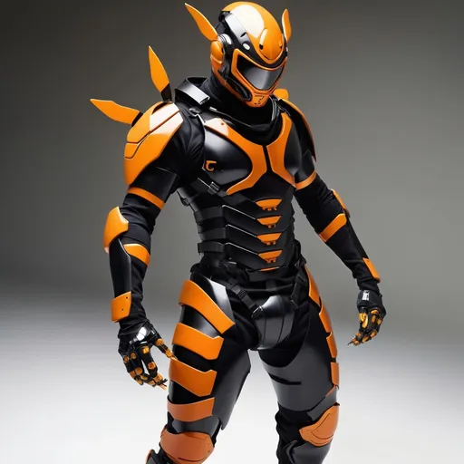 Prompt: lithe cybernetic full ninja armor in sleek blacks and oranges, design themed on a japanese wasp - stinger blade arm daggers below the wrists can shoot out at need.