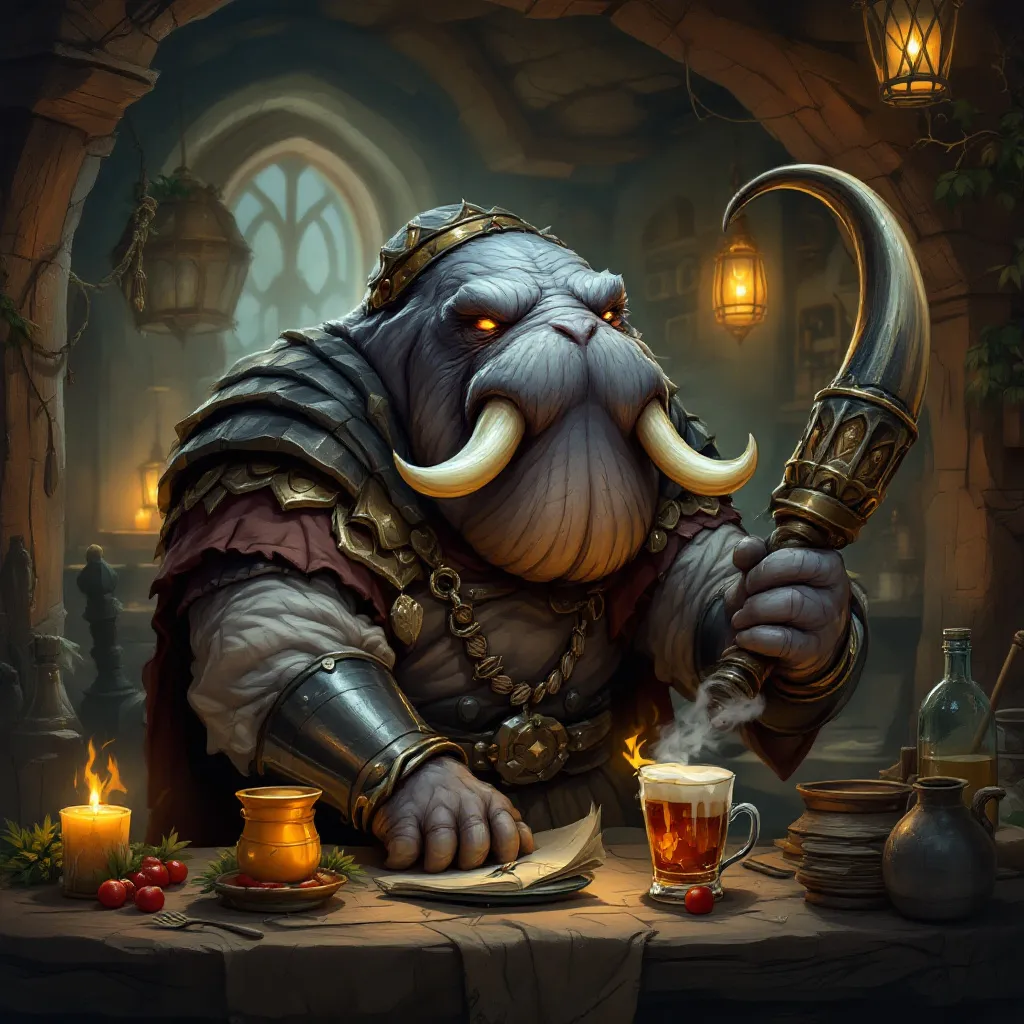 Prompt: dungeons and dragons style Anthropomorphic Walrus bard with a great curved horn, playing music for the revelers in a fantasy tavern