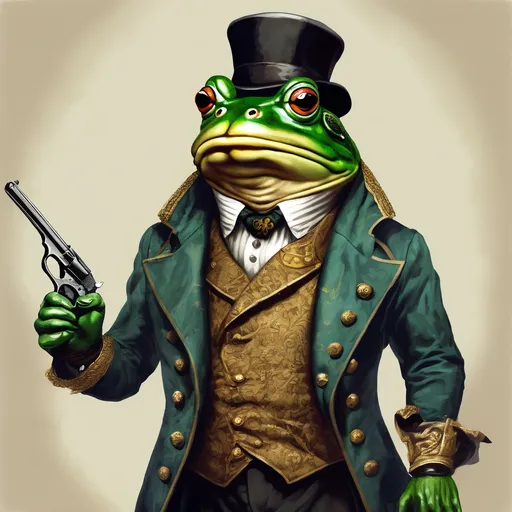 Prompt: anthropomorphic king bullfrog in victorian nobles coat and carrying a hand pistol for a duel