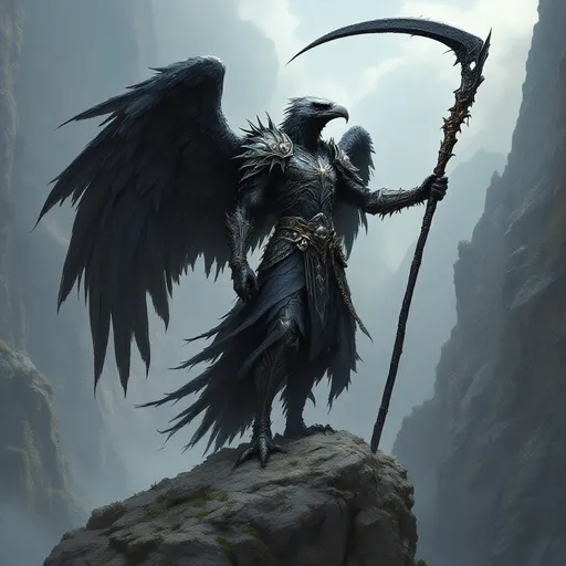 Prompt: Standing on the great cliffs over the ravine of lost souls, the great paladin lifts his scythe high - a vulturan, anthropormorphic vulture paladin of the god of death in his black and silver armor of the harrowing... an undead hunter... the beaked warrior is ready for battle.   His wings spread and ready for flight