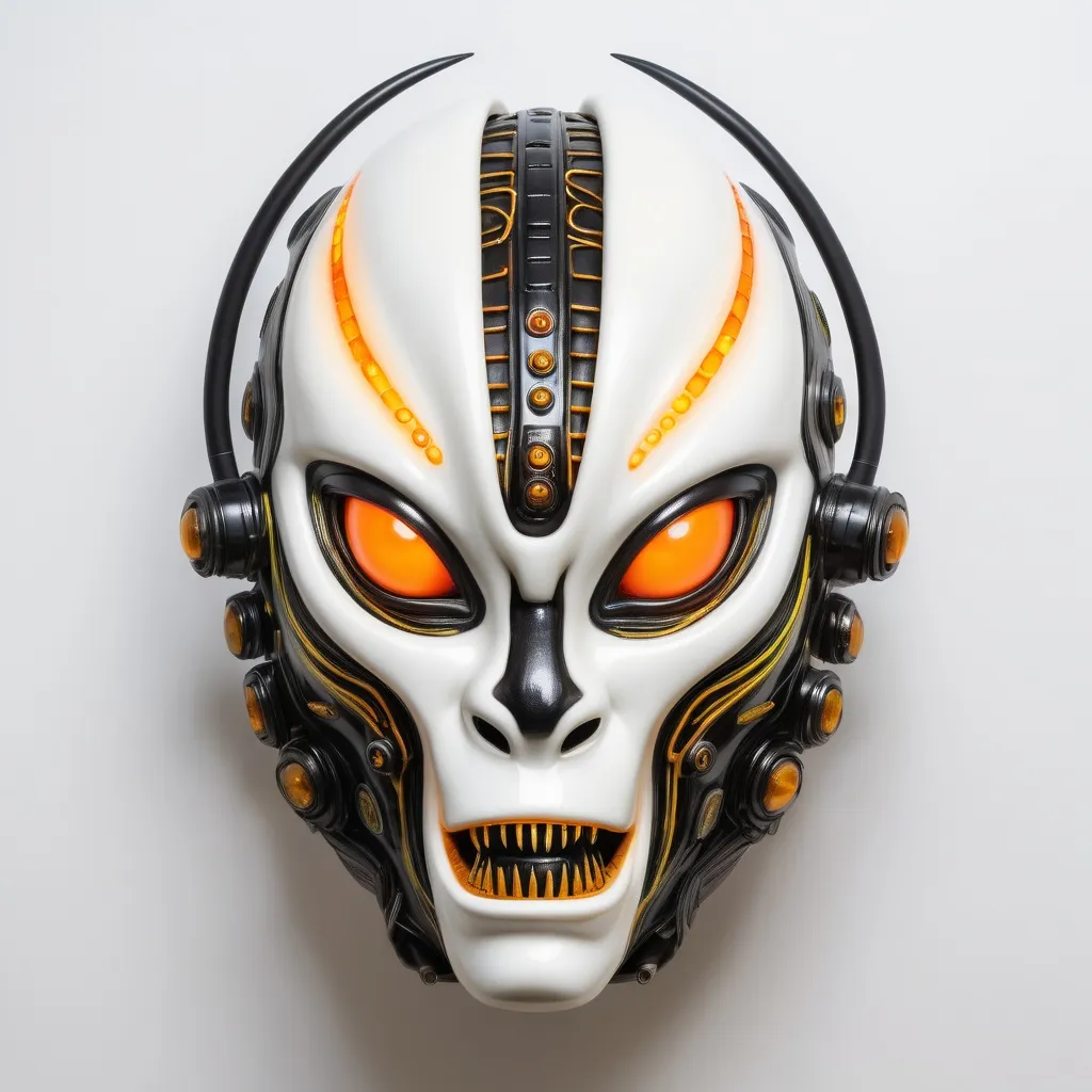 Prompt: cybernetic wired alien mask with wide glowing insect like eyes and mandibles in a japanese art style.  whites and blacks with glowing oranges and  yellows