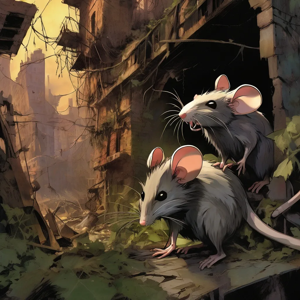 Prompt: post apocalyptic secret of nymh rats surviving in a new growing society