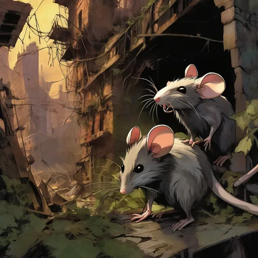 Prompt: post apocalyptic secret of nymh rats surviving in a new growing society