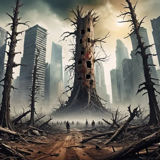 Prompt: Art Poster cover concept, a post apocalyptic crossroads in the middle of a dead forest with ruined skyscrapers in the background rising above the dead trees. The art title at the top reads "Change Comes at the Crossroads"