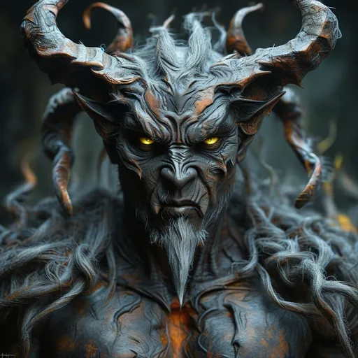 Prompt: Emerging from the darkness, a strikingly detailed figure embodies a mythical demon, characterized by its imposing horns that curve sharply upwards, surrounded by textured, rugged skin reminiscent of tree bark. The fierce countenance, with deep-set eyes and a furrowed brow, expresses an intense, almost primal energy, accented by the vivid red tones that contrast sharply against the dark background. This creature's chest is intricately designed with layers of hardened, steel-like material, adding to its menacing presence. The lighting emphasizes the rough textures and contours of its face and body, creating a dramatic interplay of shadow and light that enhances its terrifying yet fascinating nature. The overall composition evokes a sense of awe and unease, inviting viewers to ponder the stories and myths surrounding such a formidable being.  Overall what stands out the most is the glow of its yellow poison eyes... and how they glare at the viewer.  