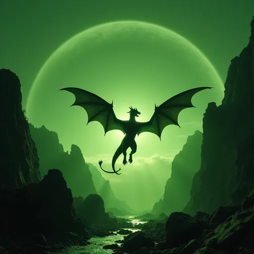 Prompt: With a striking greenish hue enveloping the scene, a dragon with wings spread leaps dramatically into a wide abyss against a backdrop of towering rock formations, suggesting a sense of freedom or daring adventure. The silhouette of the dragon contrasts sharply with the glowing sun shinging through the green sky, whose warm light creates a green halo effect around the horizon, amplifying the intensity of the moment. The overall atmosphere is dramatic and surreal, as if capturing a pivotal moment in a larger narrative of exploration or existential challenge, rendered in a stylized, almost dreamlike quality.