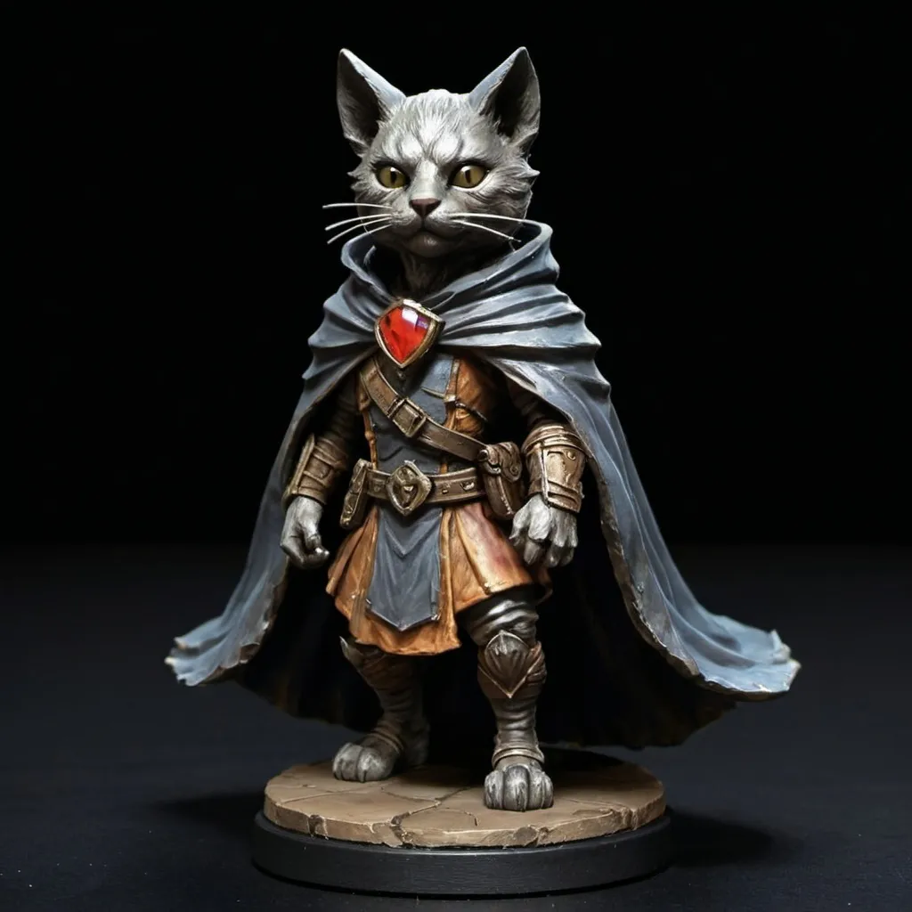 Prompt: a statue of a cat wearing a cape and a cape on its head, with a black background,, Altichiero, sots art, gloomhaven, a character portrait