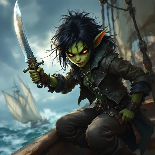 Prompt: Poised on the edge of a ship's railing, a fierce green-skinned goblin girl with striking yellow eyes gazes intensely at her surroundings, her features sharp and determined. Clad in rugged pirate attire, complete with a dark leather jacket and pants, she brandishes a gleaming sword, its blade catching the ambient light, ready for action. Her messy black hair, partially tucked behind pointed ears, sways slightly in the breeze against a backdrop of billowing sails and a cloudy sky, suggesting an adventurous atmosphere on the high seas. The composition highlights her dynamic pose, exuding both confidence and a hint of mischief, blending a vivid fantasy style with a sense of gritty realism. The overall mood evokes excitement and anticipation, capturing the essence of a daring young pirate ready to face whatever lies ahead.