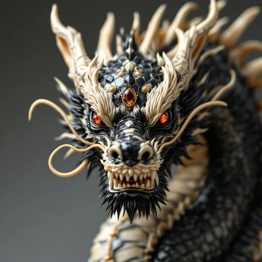 Prompt: 1 foot tall statue hand carved and painted mythical asian dragon, in obsidian and ivory - cut gems make up its eyes and its scales. 