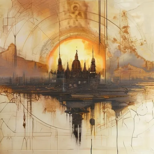 Prompt: The backdrop showcases a ruined burned out and rusted world beneath a radiant sky, dominated by a glowing golden NEW structure that resembles a colossal gem or monolithic sun, a church of the artificial -casting warm light over the scene, yet built on the bones of the worlds dead from the robot wars.  This captivating blend of organic beauty and technological elements as well as dark and light -evokes themes of transformation and the convergence of humanity and machinery, inviting contemplation about identity and the future. 