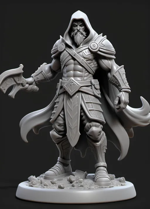 Prompt: (3D Printable Resin Miniature), detailed gaming character, dynamic pose, intricate features, gray resin, fantasy theme, ultra-detailed design, perfect for tabletop games, emphasizing textures and detailing, stylish contours, high-quality rendering, immersive atmosphere, captivating representation of gaming lore, suitable for advanced printing techniques.