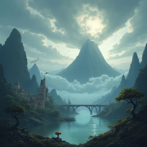 Prompt: Bathed in an ethereal light, a breathtaking landscape unfolds, dominated by a towering volcano that looms ominously in the center, its peak wreathed in swirling clouds. The foreground reveals a serene lake, reflecting the drama of the sky, while gently curved trees and whimsical mushrooms dot the banks, hinting at a fantastical ecosystem. To the left, jagged mountains cradle a small village, with towers and structures suggesting a blend of fantasy and medieval architecture, while a bridge arches gracefully over a stream, enhancing the sense of adventure. The clouds above swirl in intricate patterns, implying forthcoming tumult, contrasting with the tranquil waters below, and enveloping the scene in a captivating narrative of beauty and looming tension.