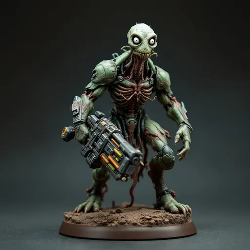 Prompt: Perched dynamically on a textured brown base, a formidable, Toxic Green and Melted Flesh hued mutated lab specimen-like creature stands out, showcasing a blend of organic and mechanical elements. It features a slender neck topped with an expressive head, where wide, white eyes peer with an intriguing mix of intelligence and curiosity. Encasing its shoulders is a futuristic armor adorned with intricate designs, while it grips a bulky weapon that augments its fierce appearance. The contrasting colors of matte and glossy paint bring depth to the figure, capturing attention with its vibrant accents, like hints of orange and green on the weapon. This impressive miniature evokes a sense of action and storytelling, suggesting a narrative steeped in a sci-fi universe where technology meets primal instincts.
