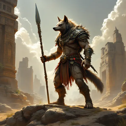 Prompt: in the style of a stone armored Aztec warrior an anthropomorphic hyena tribal warrior with a great full length spear ready to be thrown stands among the ruins of the great temple to the canine god of meat and harvest